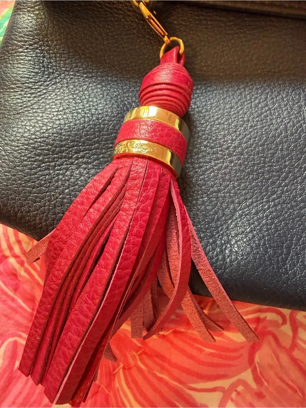 NWT Lilly Pulitzer Navy Leather Shoulder Bag with Pink Tassel